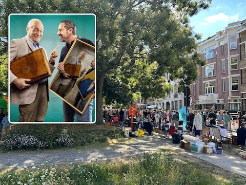 Rommelmarkt in het Miljoenenkwartier in Gent. Inzet: Eenmaal Andermaal met Jacques Vermeire en Axel Daeseleire.
