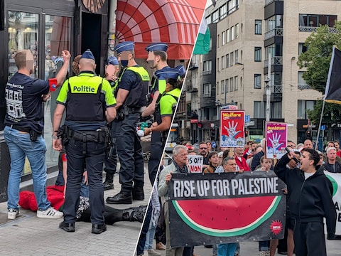 Links: Twee betogers die toch tot op de Grote Markt doordrongen, werden gearresteerd. Rechts: Ruim driehonderd manifestanten kwamen opdagen in Antwerpen.