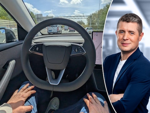 Na Nederland mag Tesla nu ook in ons land zijn ‘automatische piloot’ lanceren. Onze techjournalist Kenneth Dée (rechts) testte deze auto al uit in Nederland (links). 