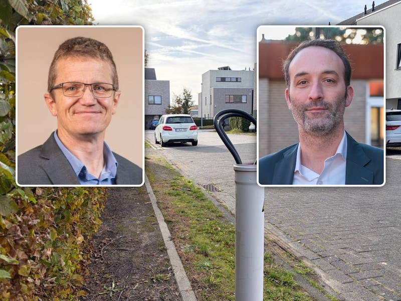De aansluiting voor de verlichtingspalen ligt er al jaren, maar op de palen is het nog steeds wachten. Patrick Delaunoy (links) vroeg eerder al tijdens de gemeenteraad wat de gemeente hieraan kan doen. Schepen Bart Dewandeleer zegt dat inmiddels een advocaat aangesteld werd.