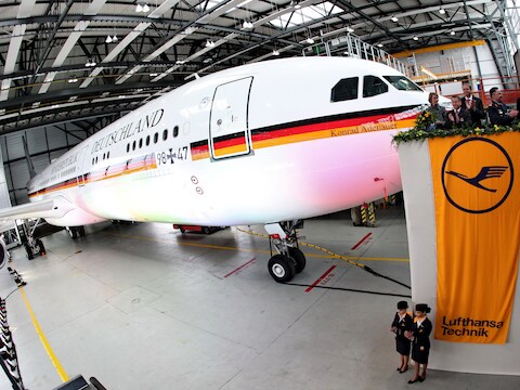 De Airbus A340 die ten dienste staat van de Duitse bondskanselier Angela Merkel.