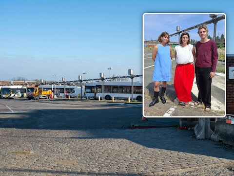 De voormlaige De Lijn-stelplaat. Inzet: Lien Van de Kelder met theatermakers Pjotr Durlet en Roos de Buysscher, eveneens de oprichters van De Halte.