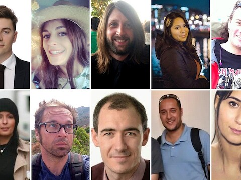Enkele van de dodelijke slachtoffers van de aanslagen in Parijs. Bovenaan vlnr., gevolgd door onderaan vlnr.: Valentin Ribet, Caroline Prénat, Nick Alexander, Nohemi Gonzalez, Guillaume B. Decherf, Djamila Houd, Mathieu Hoche, Alberto González Garrido, Kheireddine Sahbi, Elif Dogan.
