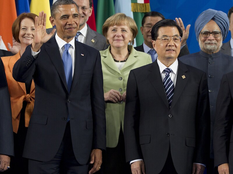 Angela Merkel (r.) met Barack Obama (l.) tijdens de G20-top in Mexico eerder dit jaar.
