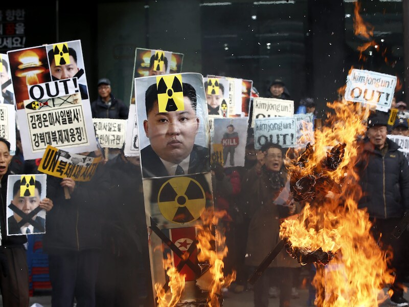 Protest in de Zuid-Koreaanse hoofdstad Seoel tegen de Noord-Koreaanse raketlancering.