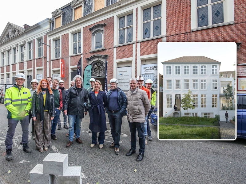 De eerstesteenlegging op woensdagnamiddag. Kleine foto: 3D-beeld, aan de kant van het Paulientjespark.