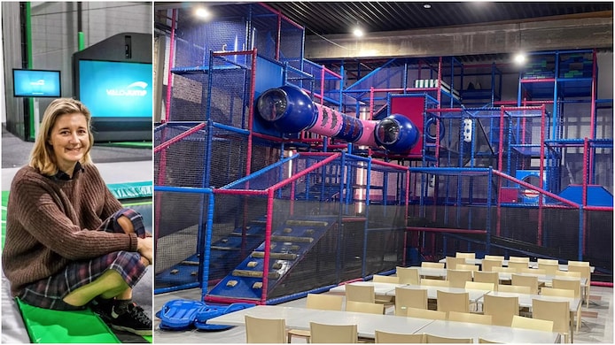 Links zien we Cathérine Despriet in trampolinepark Jump, rechts een leeg indoorpretpark Woopahoo. Archiefbeelden