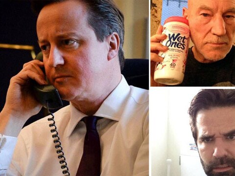 Cameron deelde een foto van zijn telefoontje van naar Obama. Acteur Patrick Stewart (rechtsboven) en comedian Rob Delaney (rechtsonder) belden ook in.