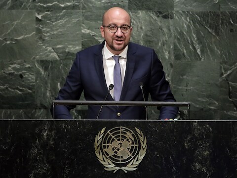 Premier Charles Michel spreekt de Verenigde Naties toe in New York.