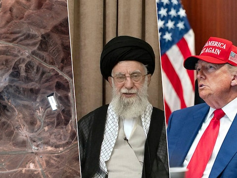 Sattelietbeeld van de nucleaire site Fordow in Iran/ De Iraanse leider Ayatollah Khomeini/ De Amerikaanse president Donald Trump
