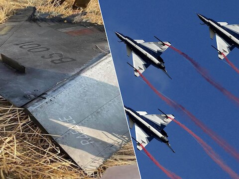 Brokstuk van een neergehaalde Indiase straaljager (links) en J-10-gevechtsvliegtuigen van Chinese makelij.