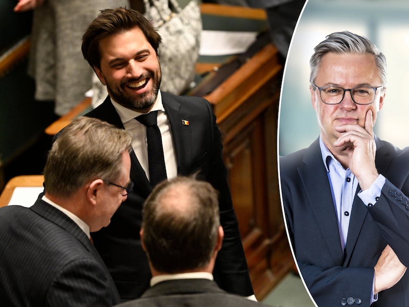 Georges-Louis Bouchez (MR) en premier Bart De Wever (N-VA) tijdens eerdere begrotingsgesprekken.