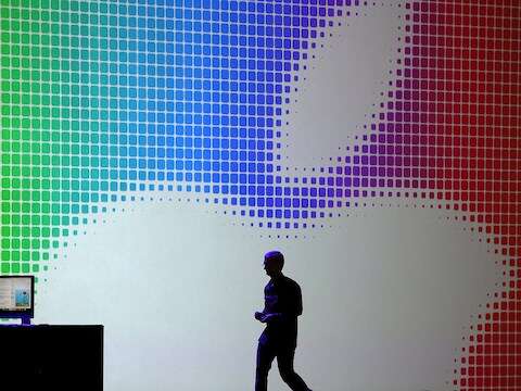 Apple-CEO Tim Cook tijdens de keynote die Apple gisteren in San Francisco gaf.