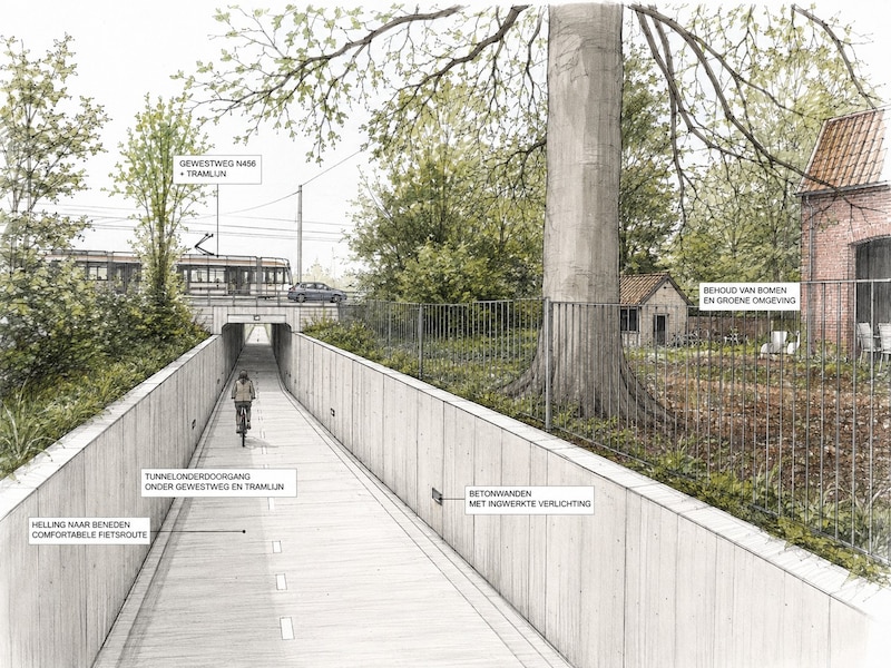Zo moet de nieuwe fietstunnel onder de N456 in Evergem er op termijn uitzien.