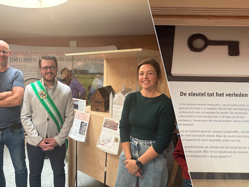 Okke Bogaerts, Lien Lombaert en gedeputeerde David Coppens., Deze sleutel werd gevonden in een beerput.
