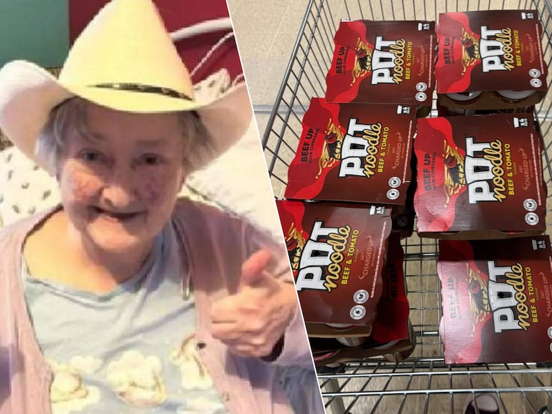 Begrafenisondernemer Kirsty Sailes kocht de volledige voorraad instantnoedels van de lokale supermarkt voor de begrafenis van  Sandra Burnell uit Wales (links op de foto).