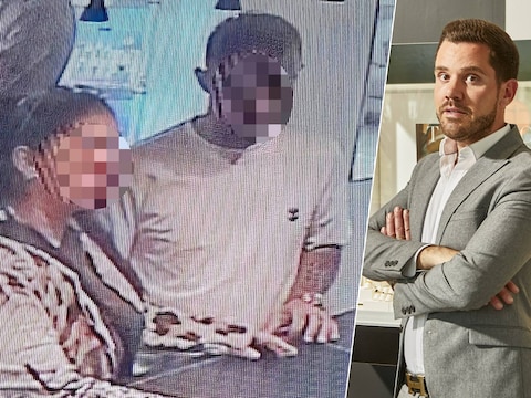 Thijs Van Goidsenhoven (r.), een juwelier uit Boutersem, gooide deze beelden online, nadat het koppel (l.) zich verdacht gedroeg in zijn zaak. 