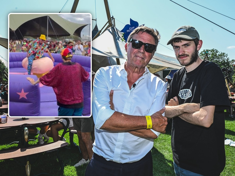 KIJK. Erik Van Looy en Felix Heremans wagen zich aan de ‘rodeodildo’ op Kamping Kitsch Club