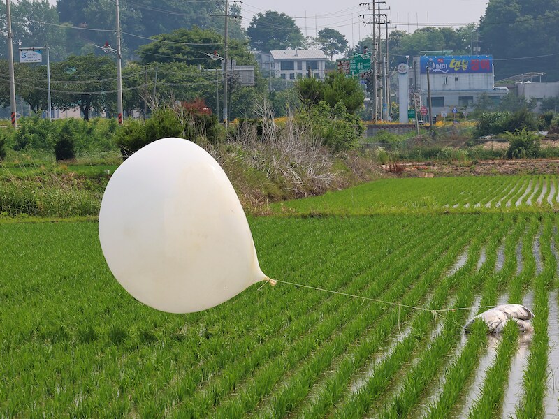 Een Noord-Koreaanse ballon met vuilnis is in een Zuid-Koreaans rijstveld geland. (10/06/2024).