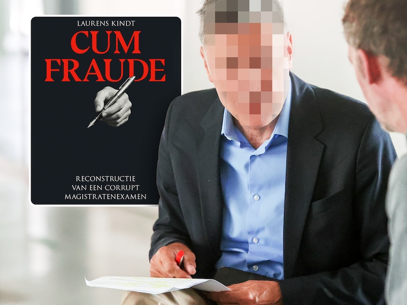 Carl B. (links) voor zijn verschijning voor de tuchtrechtbank in Gent in gesprek met auteur-journalist Laurens Kindt (rechts). Inzet: de cover van het boek ‘Cum Fraude’.