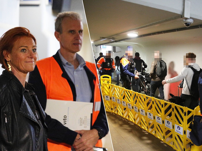 Burgemeester Ruth Vandenberghe en politiewoordvoerder Thomas Detavernier volgen de controleactie, waarbij honderden treinreizigers langs een drugshond passeren.