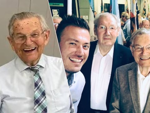 Karel Pauwels werd 99 jaar, Karel Pauwels (rechts) samen met ere-burgemeester Arnold Van Aperen en huidig schepen Arrnold Wittenberg.