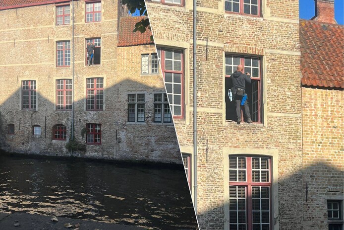 KIJK. Hoogtevrees? Daar heeft deze ruitenwasser in Brugge duidelijk ...