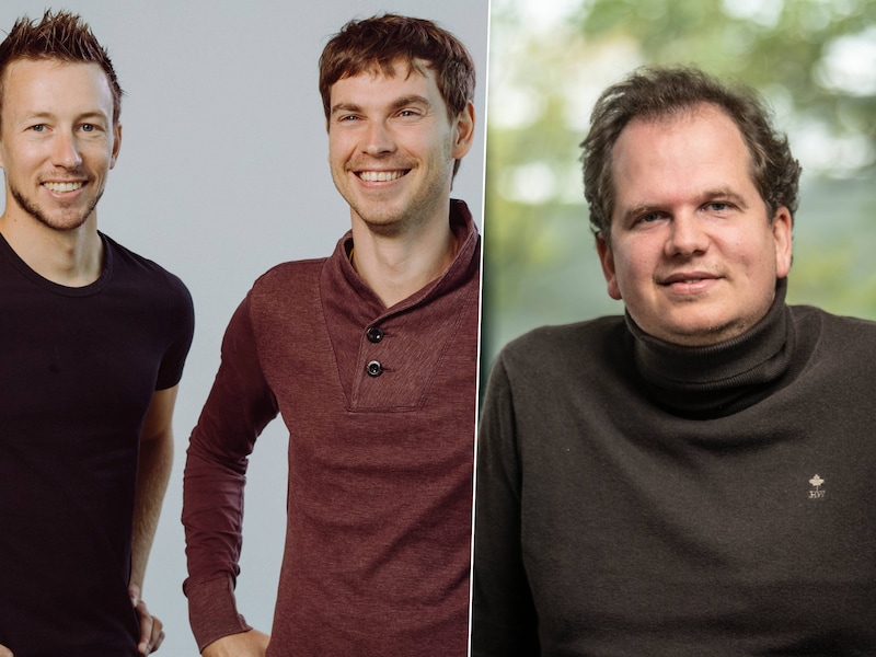 Jonas Delrue (links) en Kristof Van Stappen (rechts) van Jimber, CEO Filip Smets van Amotek