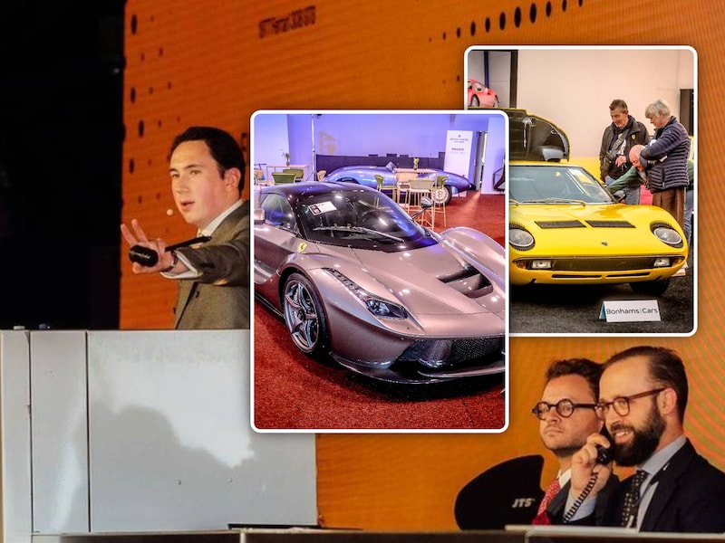 Veiling Bonhams tijdens de Zoute Grand Prix in Knokke. Inzet: De Lamborghini Miura P400S (inzet rechts) ging onder de hamer voor ruim 1,7 miljoen euro. De LaFerrari (inzet links) brak zelfs een Belgisch record.