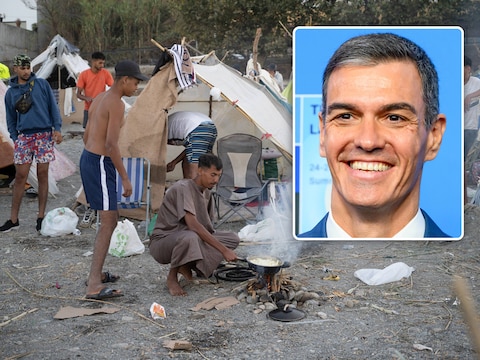 Migranten in Ceuta. / Inzet:de Spaanse premier Pedro Sánchez.