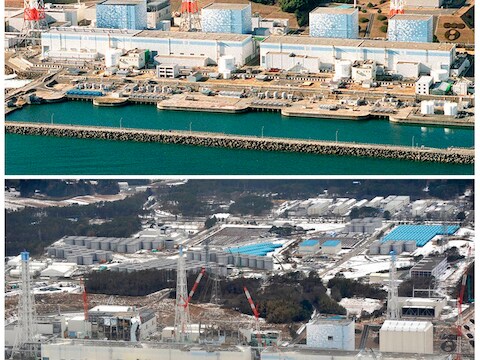De kerncentrale van Fukushima: boven op een foto uit december 2000, onder de kerncentrale na de tsunami van 11 maart 2011.