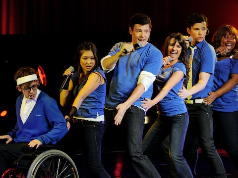 v.l.n.r.: Jenna Ushkowitz, Cory Monteith, Lea Michele, Chris Colfer en Amber Riley